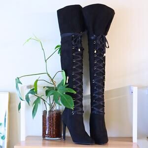 Fashion Nova "All Tied Up Right Now" Black Thigh High Lace Up Boots Size 8.5